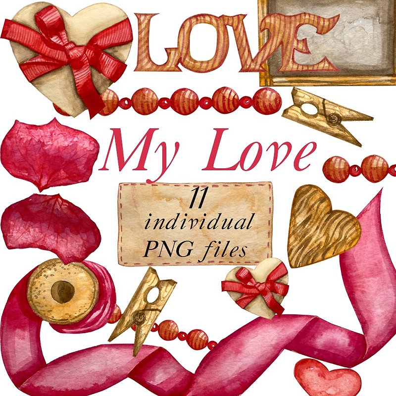Valentines clipart. Heart png. Watercolor love clipart. - 電子手帳及素材 - 其他材質 
