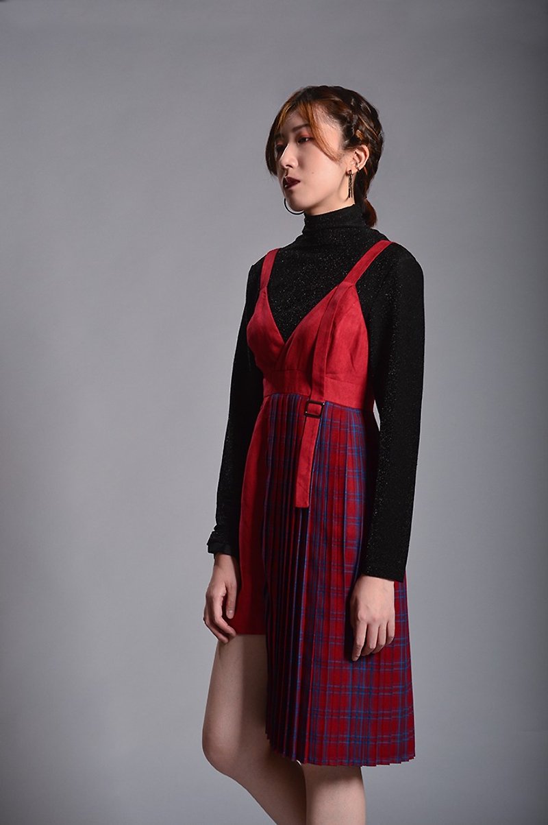 格紋吊帶連身裙 - 洋裝/連身裙 - 聚酯纖維 紅色