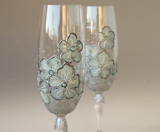 Blue Flowers Wine Glasses, Swarovski Crystals Hand-paintedsetof 2 - Shop  NeA Glass Bar Glasses & Drinkware - Pinkoi