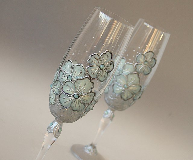 Blue Flowers Wine Glasses, Swarovski Crystals Hand-paintedsetof 2 - Shop  NeA Glass Bar Glasses & Drinkware - Pinkoi