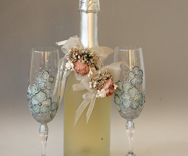 Blue Flowers Wine Glasses, Swarovski Crystals Hand-paintedsetof 2 - Shop  NeA Glass Bar Glasses & Drinkware - Pinkoi
