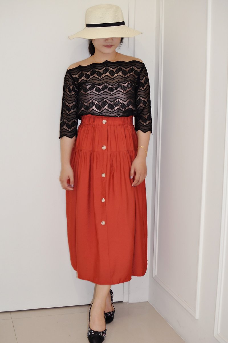Flat 135 X Taiwan designer series Gemstone red waist elasticated long skirt - Skirts - Polyester Red