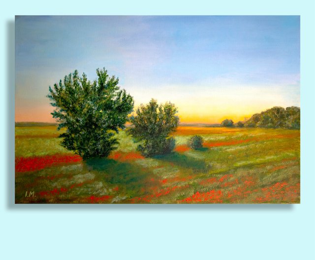 ポピーと草原2 油絵・風景画 ポピーと草原2 油絵・風景画