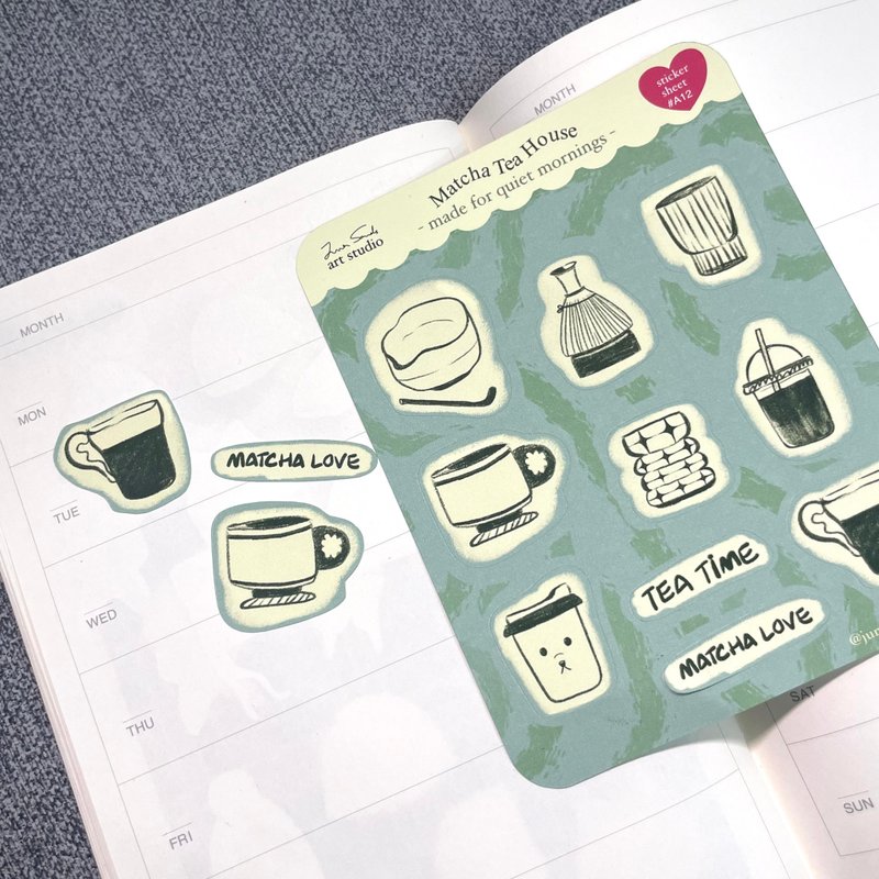 抹茶慢生活霧面貼紙組(2入)-手帳 貼紙 插畫 原創 送禮 - 貼紙 - 紙 綠色