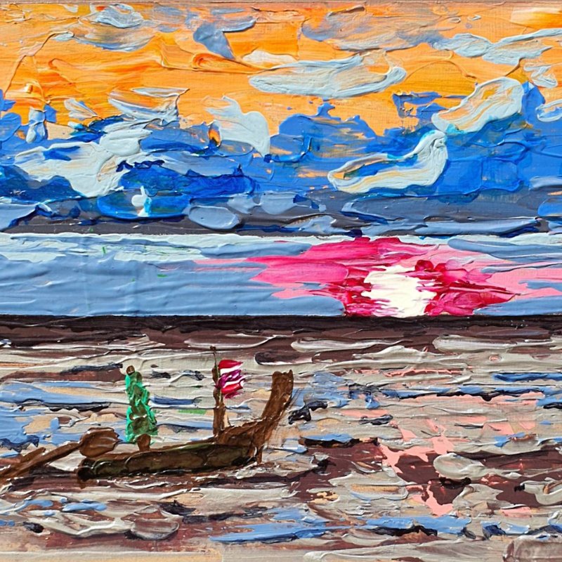 Seascape Painting Boats Sunset Original Art Sailboats Travel Nautical Artwork - 海報/掛畫/掛布 - 其他材質 多色