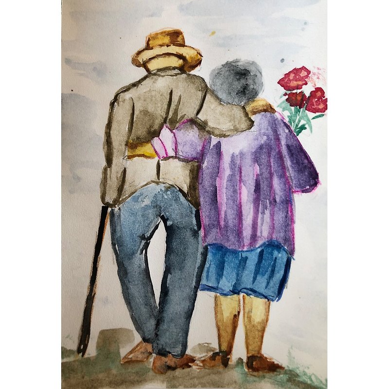 老夫婦の絵, オリジナル水彩画, ロマンチックな絵 幸せなカップル - ポスター・絵 - 紙 