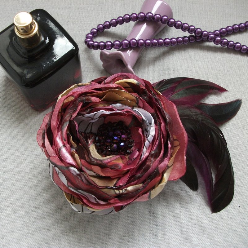 Pink chiffon flower brooch - 胸針 - 棉．麻 