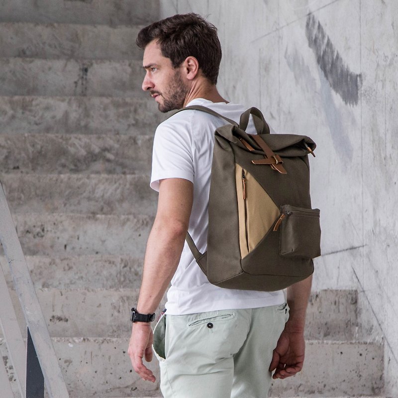 Water Resistant Fold top backpack in canvas and leather Army Green - Backpacks - Cotton & Hemp Green