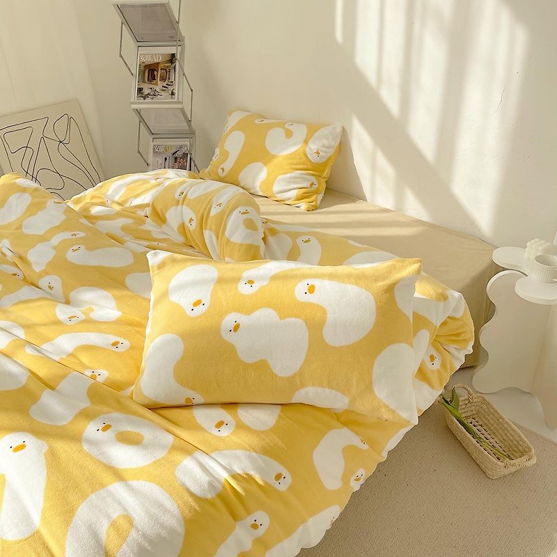 Hello Duck Cute Original Creamy Duckling Three or Four Piece Set Plush Winter Single Double Warm Bed Sheet Duvet Cover - Bedding - Other Materials 
