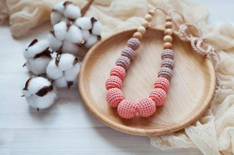 Coral Pink Beige Crochet Teething Necklace, Modern Jewelry for Breastfeeding Mom - Necklaces - Wood Pink