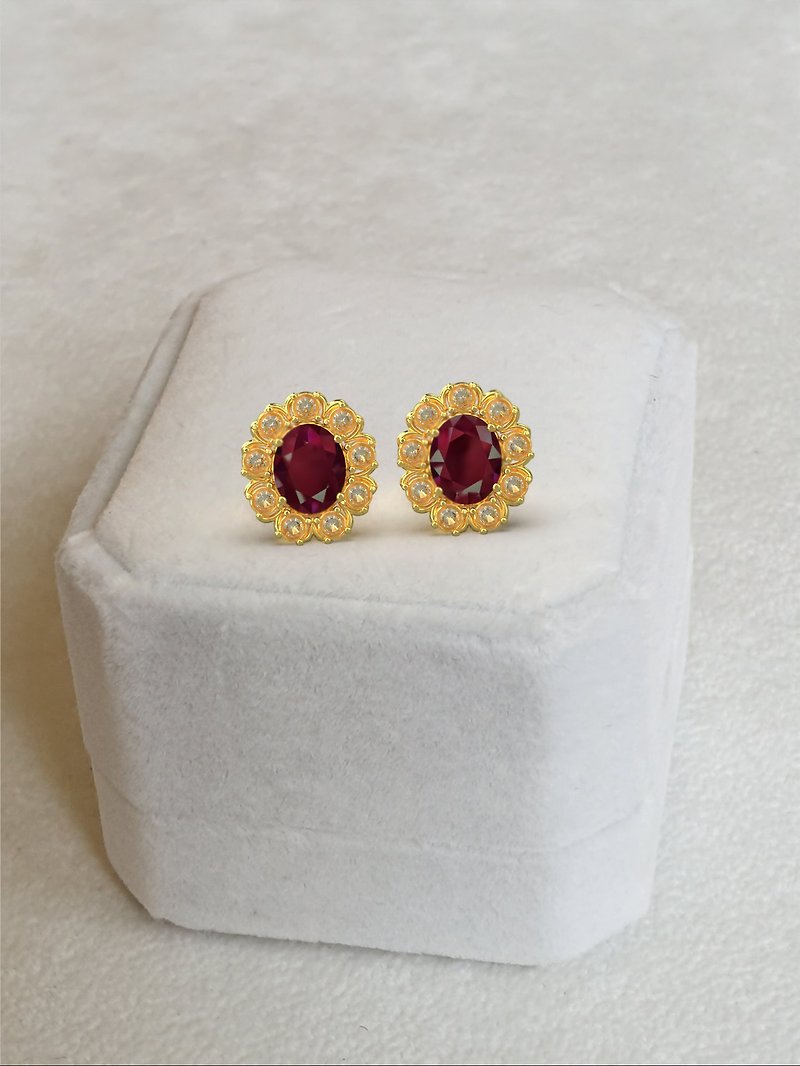 Natural Siam Red Ruby Earrings, Sterling Silver, Studs earring, July Birthstone, - 耳環/耳夾 - 純銀 咖啡色