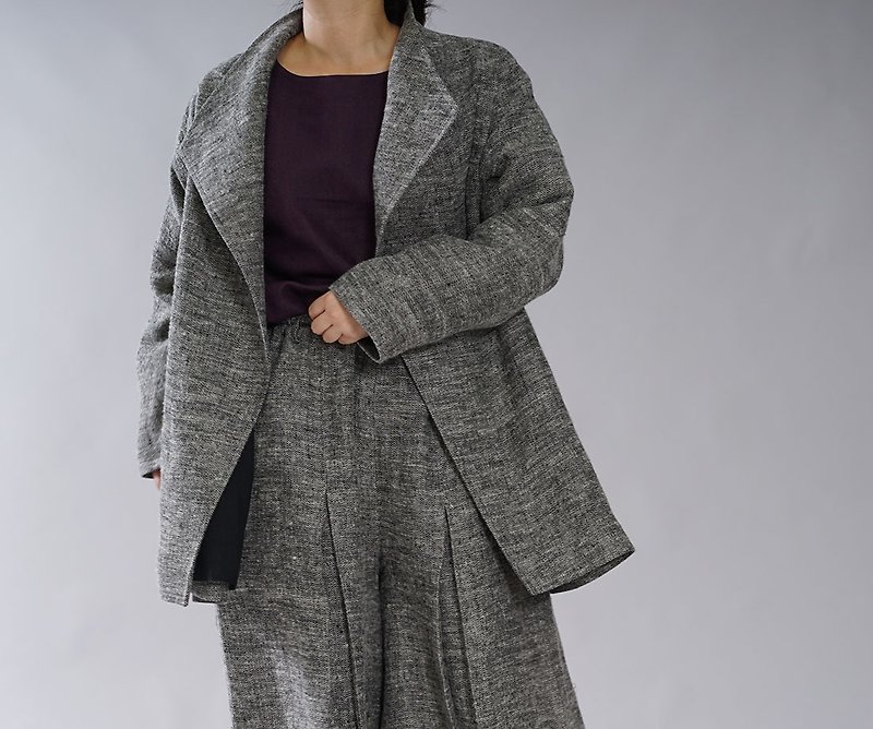 Raised linen coat / long sleeves / wing collar / black herringbone h039d-bki3 - Women's Casual & Functional Jackets - Linen 