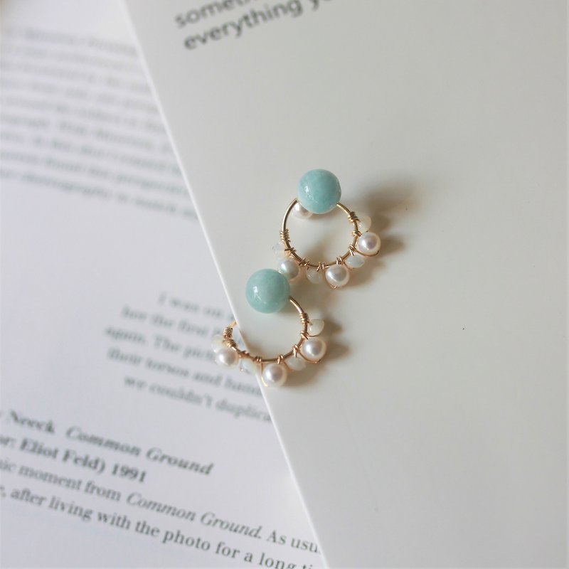 Sweet Leader - Aquamarine/Freshwater Pearl Beads Clip-On on Earrings - ต่างหู - เครื่องเพชรพลอย สีน้ำเงิน