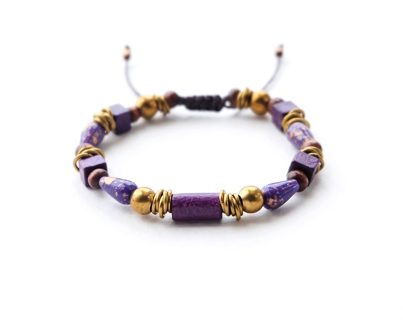 Purple wooden and mixed beads brass materials string bracelet - Bracelets - Other Materials Purple