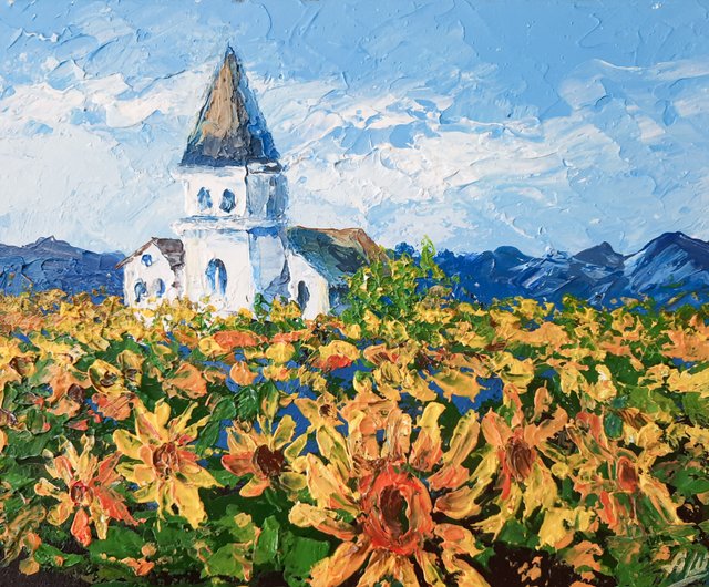 ポピーと蝶 アクリル画 原画（春の花の抽象画油絵。黄色、ピンク