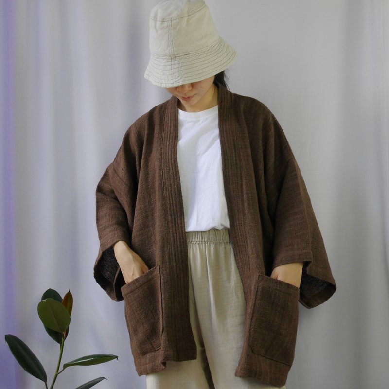 Handwoven cotton  Kimono... (Brown) - 女大衣/外套 - 棉．麻 咖啡色