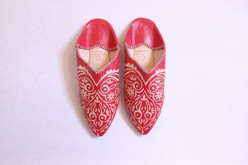 摩洛哥 皮雕手工鞋 罌粟花 踩腳鞋 室內鞋 - 室內拖鞋 - 真皮 紅色