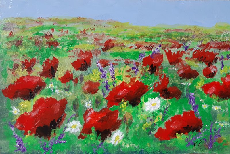 Original acrylic painting, Field of red poppies - Wall Décor - Wood Red