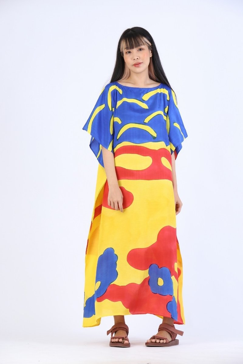 Hand Painted Cotton-Silk Kaftan - Free Size - ชุดเดรส - เส้นใยสังเคราะห์ หลากหลายสี