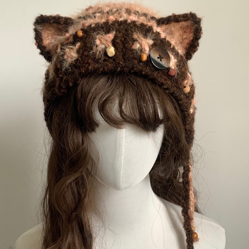 栗棕連帽帽 | 貓耳/無耳款 | 手工保暖冬帽 - 帽子 - 其他材質 