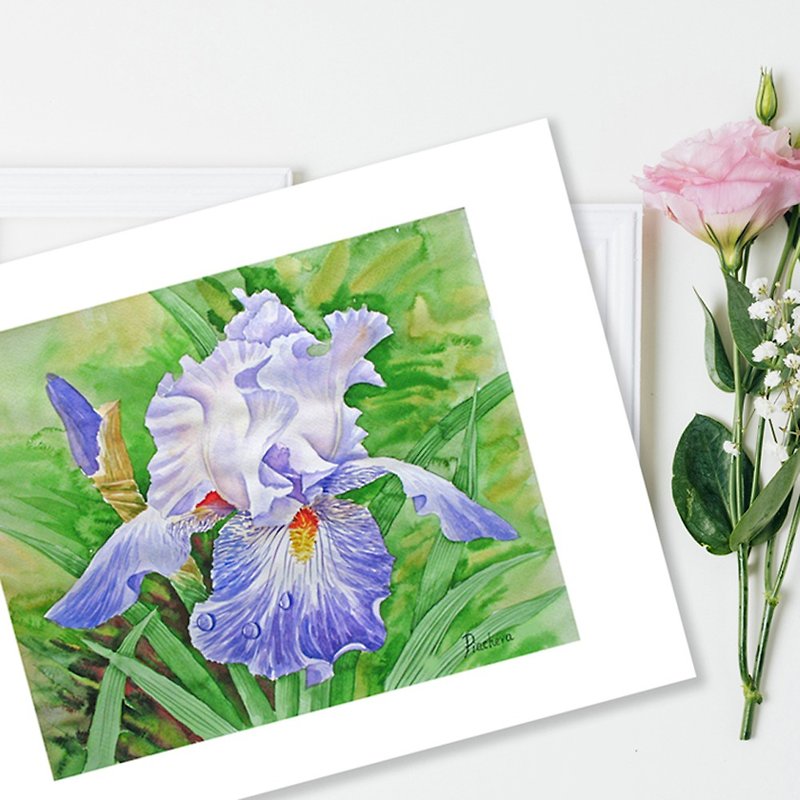Poster Iris Drops of Dew in the Garden, Watercolor Flowers for Gift - 海報/掛畫/掛布 - 紙 藍色