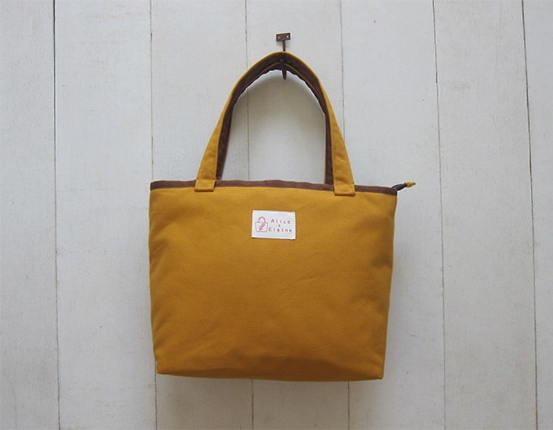 Macarons series - medium canvas tote bag (zipper open zipper bag) - yellow + brown coffee - Messenger Bags & Sling Bags - Cotton & Hemp Brown