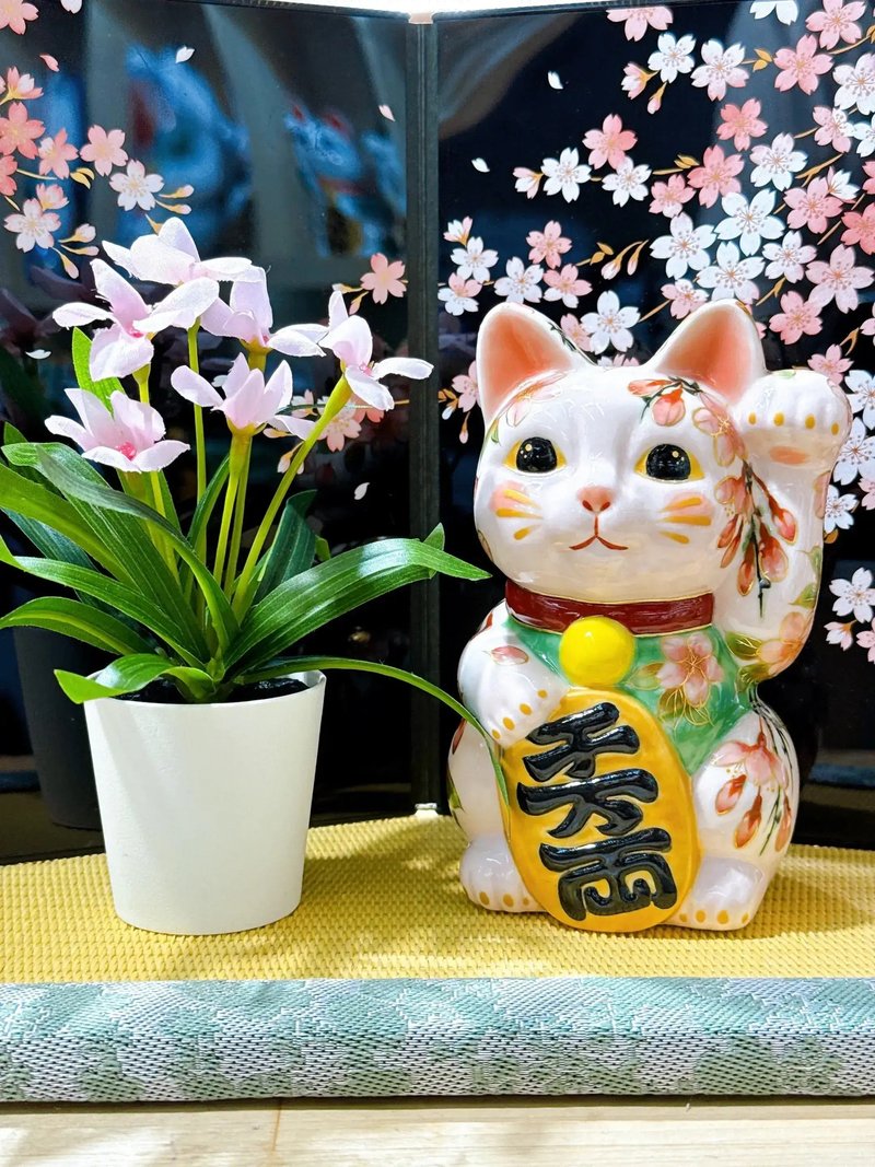 【瑞櫻綻喜】日本清水燒招財貓 | 色繪 - 枝垂櫻 - 擺飾/家飾品 - 瓷 粉紅色