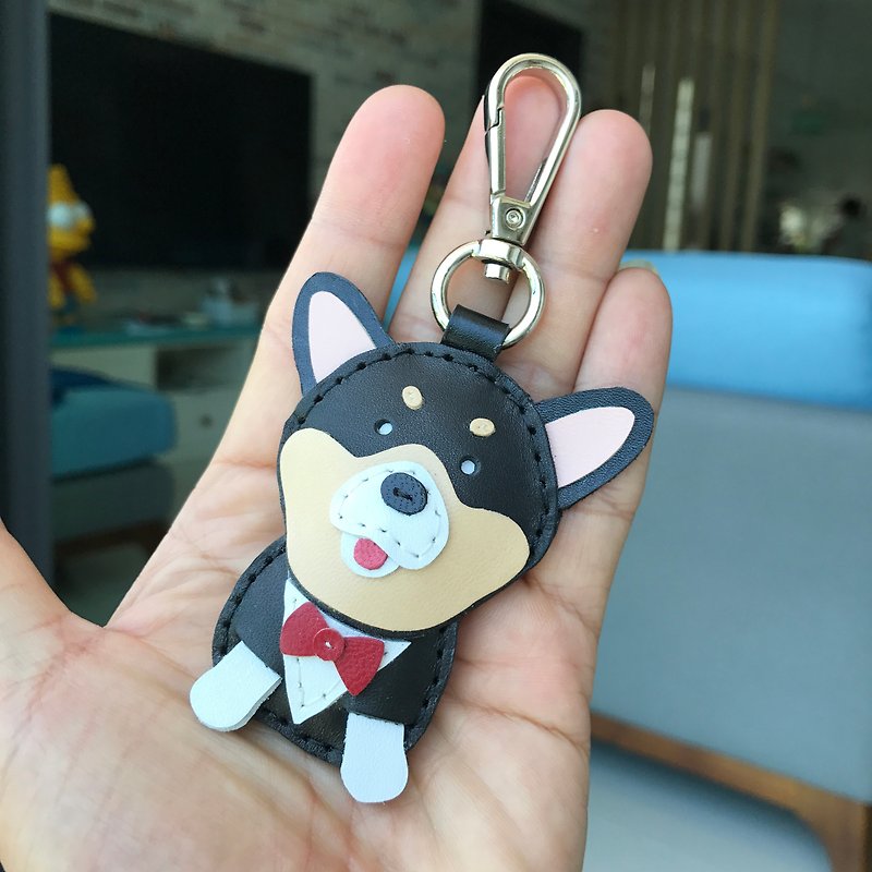 Healing Small Objects Handmade Leather Black Corgi Dog Hand-stitched Keychain Small Size - ที่ห้อยกุญแจ - หนังแท้ สีดำ