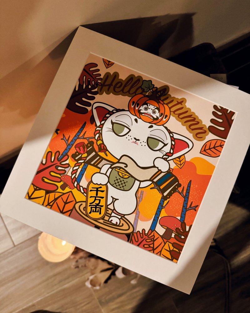 [Lucky Cat] Mittsu Kumi original work-cardboard frame, giclee painting - Posters - Paper White