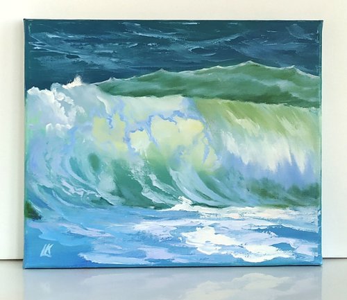 キャンバスに描かれた大きな波の油絵 嵐の海の壁アート ブルーエメラルドの波の絵画 - ショップ Oil Painting Gift Store  ポスター・絵 - Pinkoi