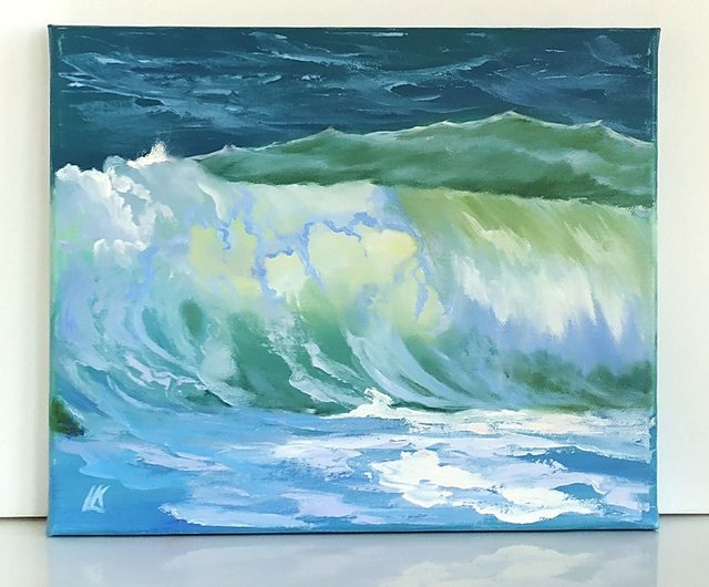 キャンバスに描かれた大きな波の油絵 嵐の海の壁アート ブルーエメラルドの波の絵画 - ショップ Oil Painting Gift Store  ポスター・絵 - Pinkoi