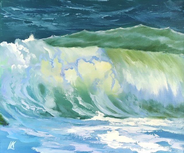 キャンバスに描かれた大きな波の油絵 嵐の海の壁アート ブルーエメラルドの波の絵画 - ショップ Oil Painting Gift Store  ポスター・絵 - Pinkoi