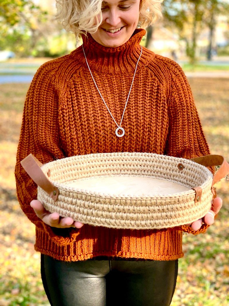 Jute tray, handmade Knitted Serving Tray, Crochet Serving Tray, Circuler Knitted - 托盤/砧板 - 環保材質 