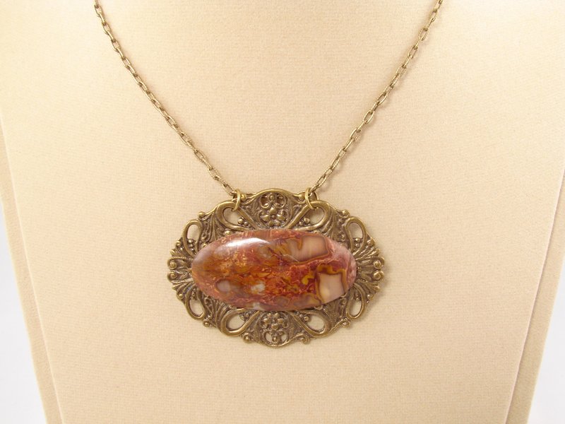 Fire Red Mustard Brown Jasper Brass Filigree Victorian Era Boho Necklace Jewelry - 項鍊 - 半寶石 紅色