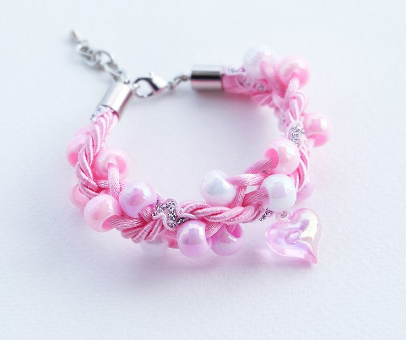 Pink beaded rope bracelet with pink heart charm - Bracelets - Other Materials Pink