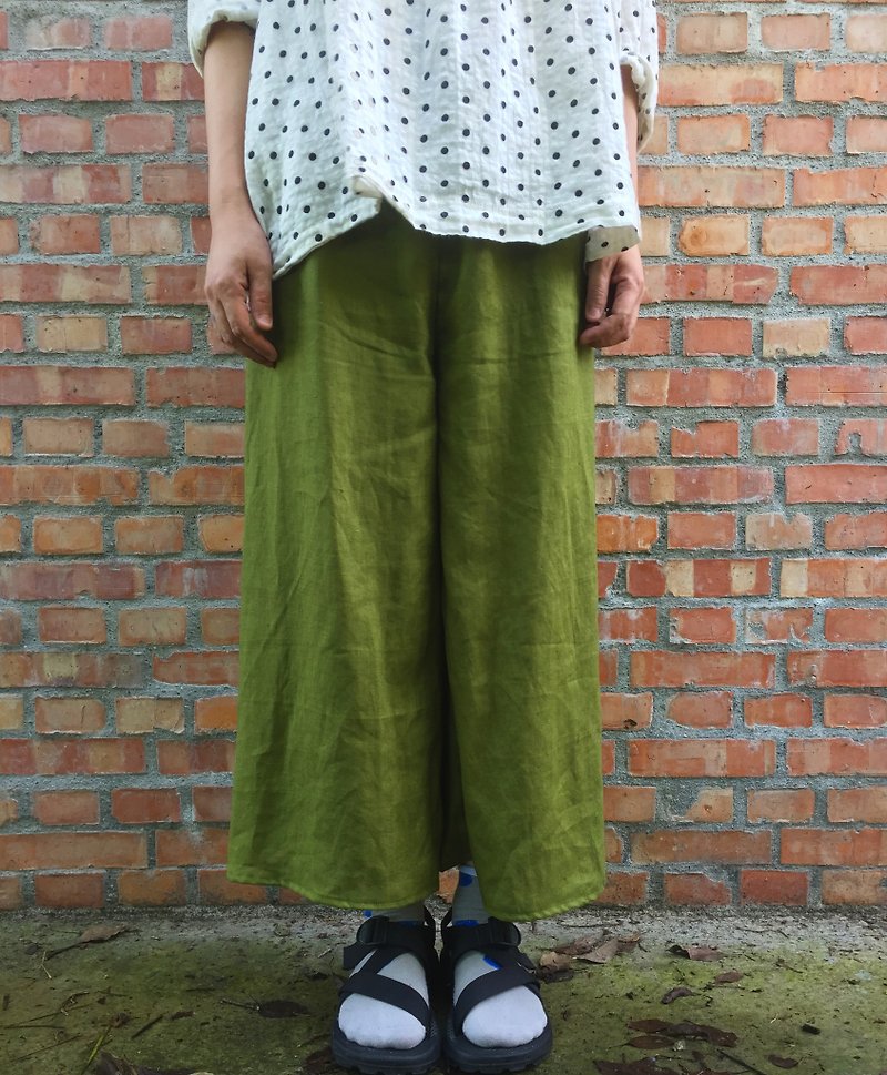 Pure linen Kyoto matcha color simple eighty-nine minutes pants carefully selected 20-color linen - Women's Pants - Cotton & Hemp Green
