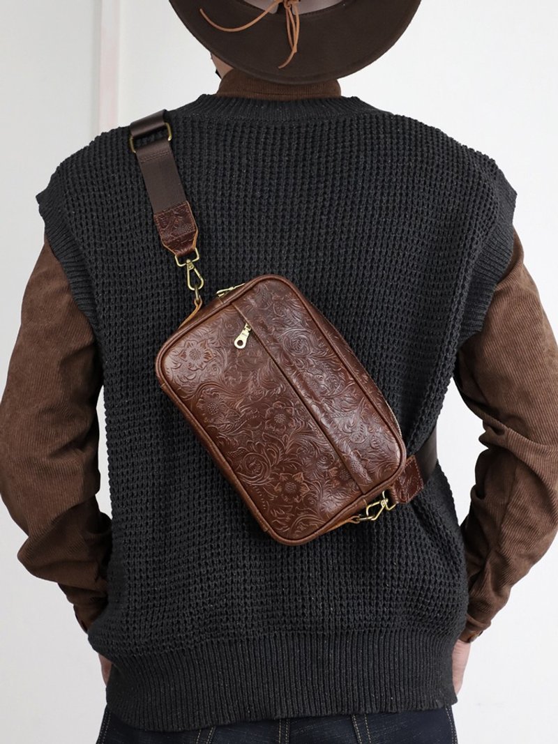 Men's Leather Crossbody Shoulder Bag Genuine Leather Chest Messenger Bag  Women - กระเป๋าแมสเซนเจอร์ - หนังแท้ สีนำ้ตาล