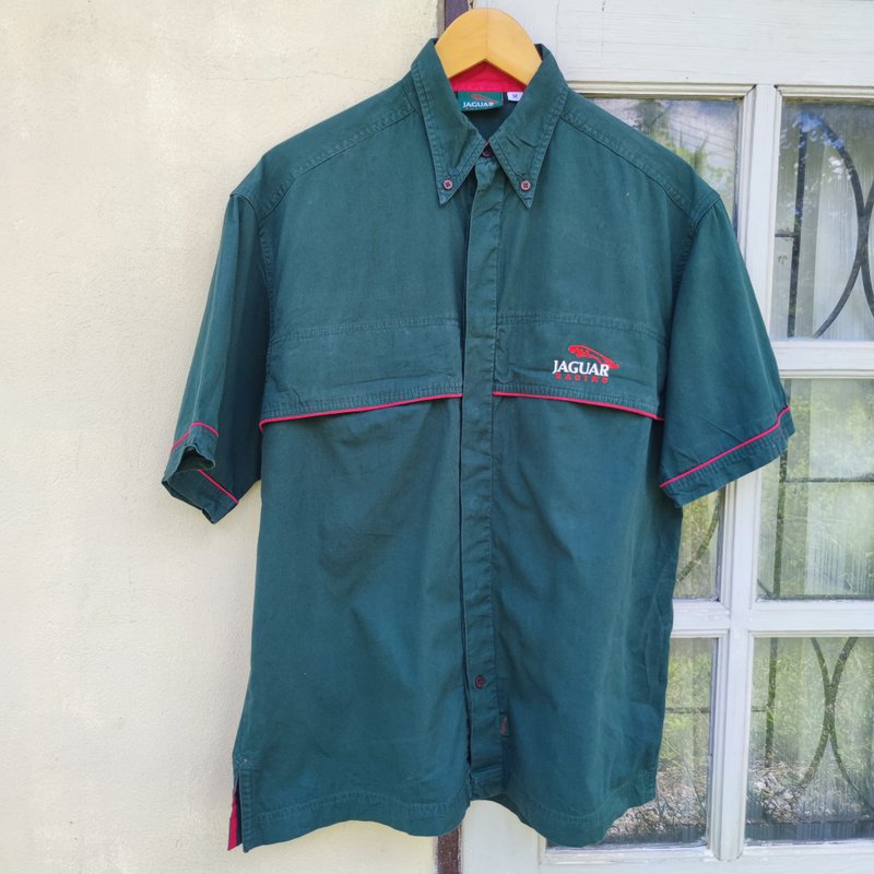 Vintage Jaguar Racing Formula 1 Motor Button Up Short Sleeve Shirt - Men's Shirts - Cotton & Hemp Green