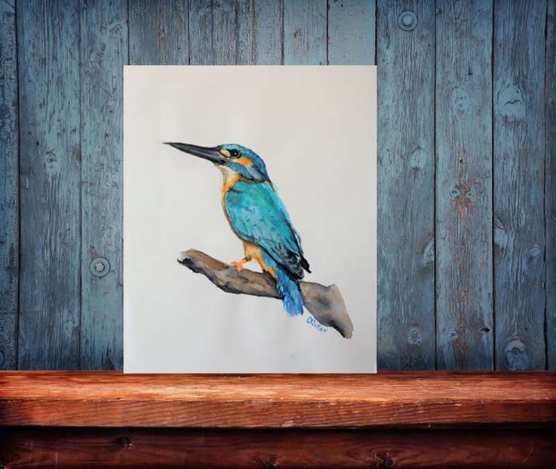 Kingfisher Painting Bird Original Watercolor Bird Wall Art Kingfisher Artwork - 海報/掛畫/掛布 - 環保材質 藍色