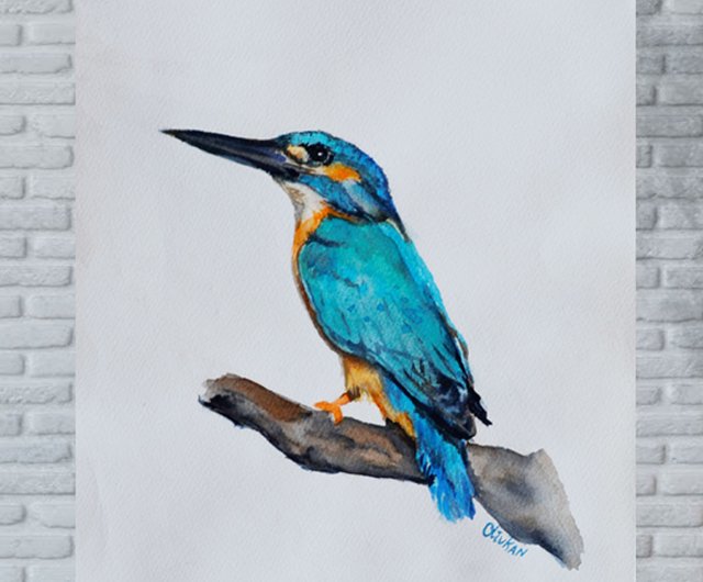 カワセミの絵画鳥オリジナル水彩画鳥の壁アート カワセミの
