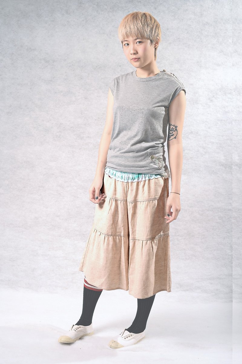 彩繪荷葉腰頭 蛋糕褲裙(米/深藍2色) - 裙子/長裙 - 棉．麻 多色
