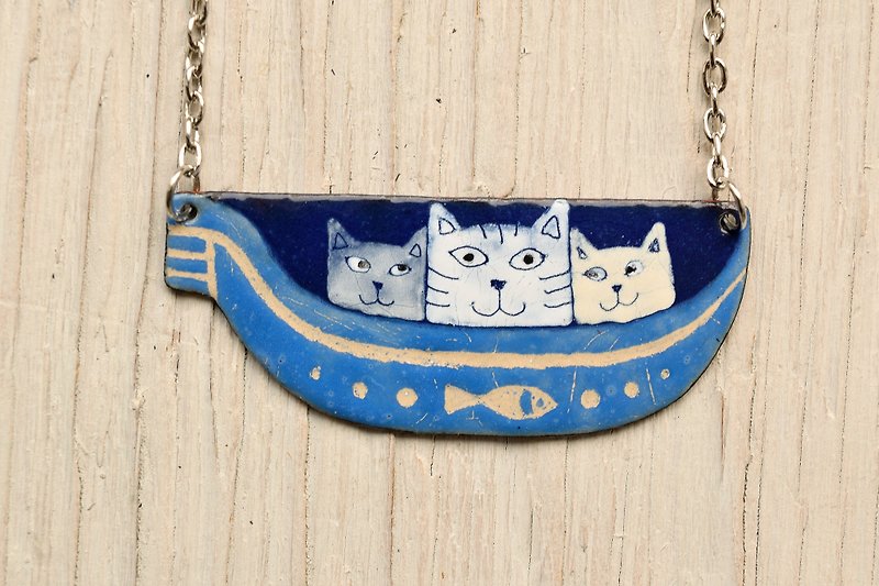 Enamel Necklace, Cat Necklace, Venice Cat, Gondola,  Enamel Jewelry, Lovers, - สร้อยคอ - วัตถุเคลือบ สีน้ำเงิน