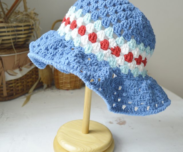 Crochet carolina blue bucket hat outfit men women Striped pattern knit  white red - Shop CrochetedDesignHM Hats & Caps - Pinkoi