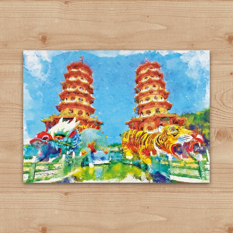 明信片 繪畫系列 – 高雄 龍虎塔 - 卡片/明信片 - 紙 白色