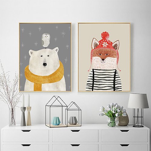 森活小飾Lifedecor 北極熊和狐狸-掛畫-動物系列 -彩色