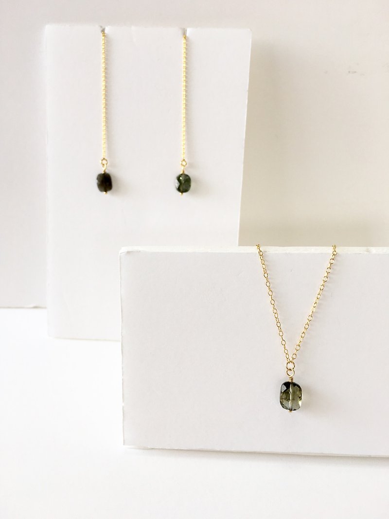 Green Tourmaline Faceted cut set-up 14 kgf Necklace and chain-earring - สร้อยคอ - หิน สีเขียว