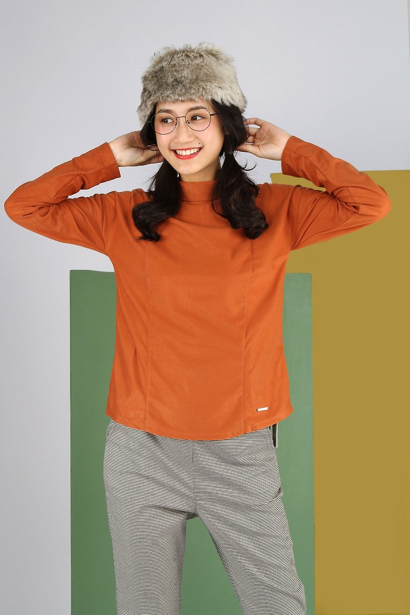 袖口包釦翻領上衣 - 橘 - 女裝 上衣 - 聚酯纖維 橘色
