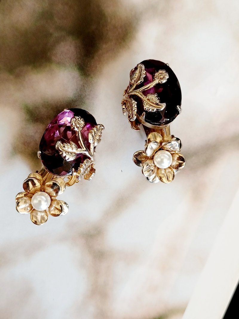 vintage jewelry elegant purple rhine twig floral clip-on earrings - ต่างหู - โลหะ 