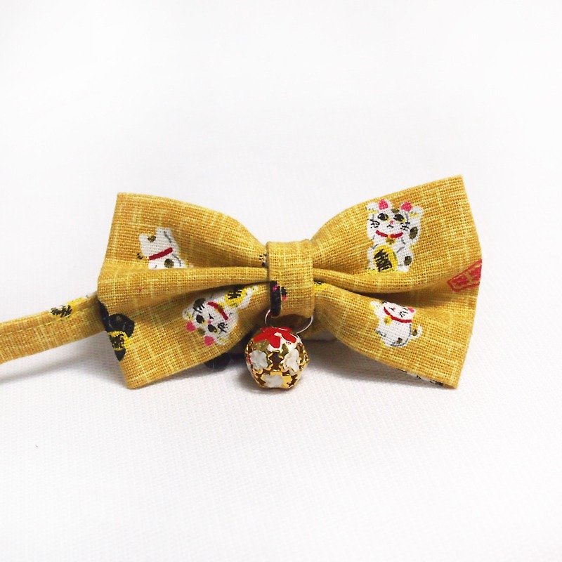日本招財貓款 蝴蝶結寵物裝飾項圈 貓咪 小型犬 迷你犬 - 項圈/牽繩 - 棉．麻 黃色