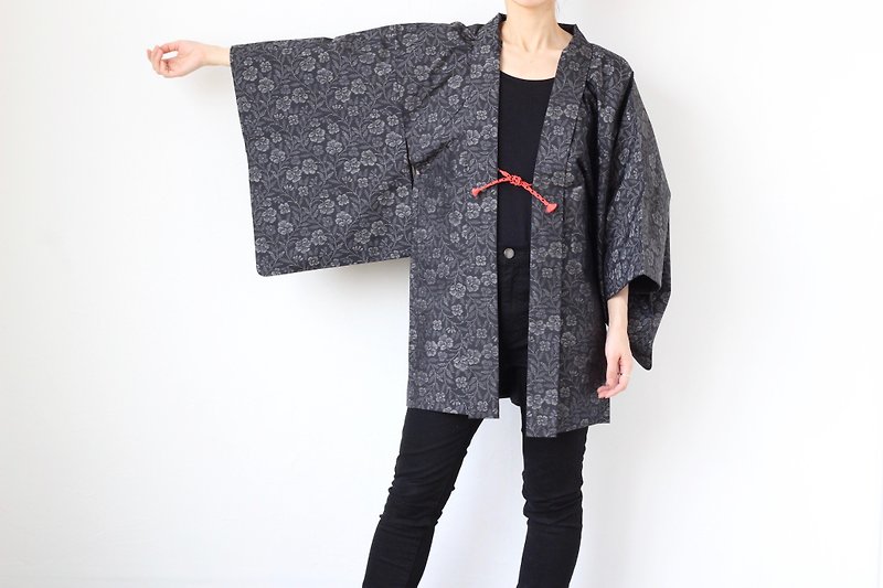 floral kimono, EXCELLENT VINTAGE, Japanese fashion /4166 - Women's Casual & Functional Jackets - Polyester Black